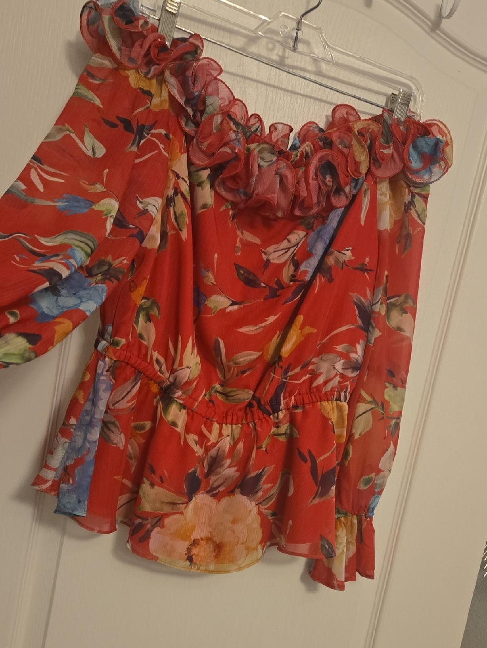 Adrianna Papell Red Floral Off-Shoulder Peplum Blouse
